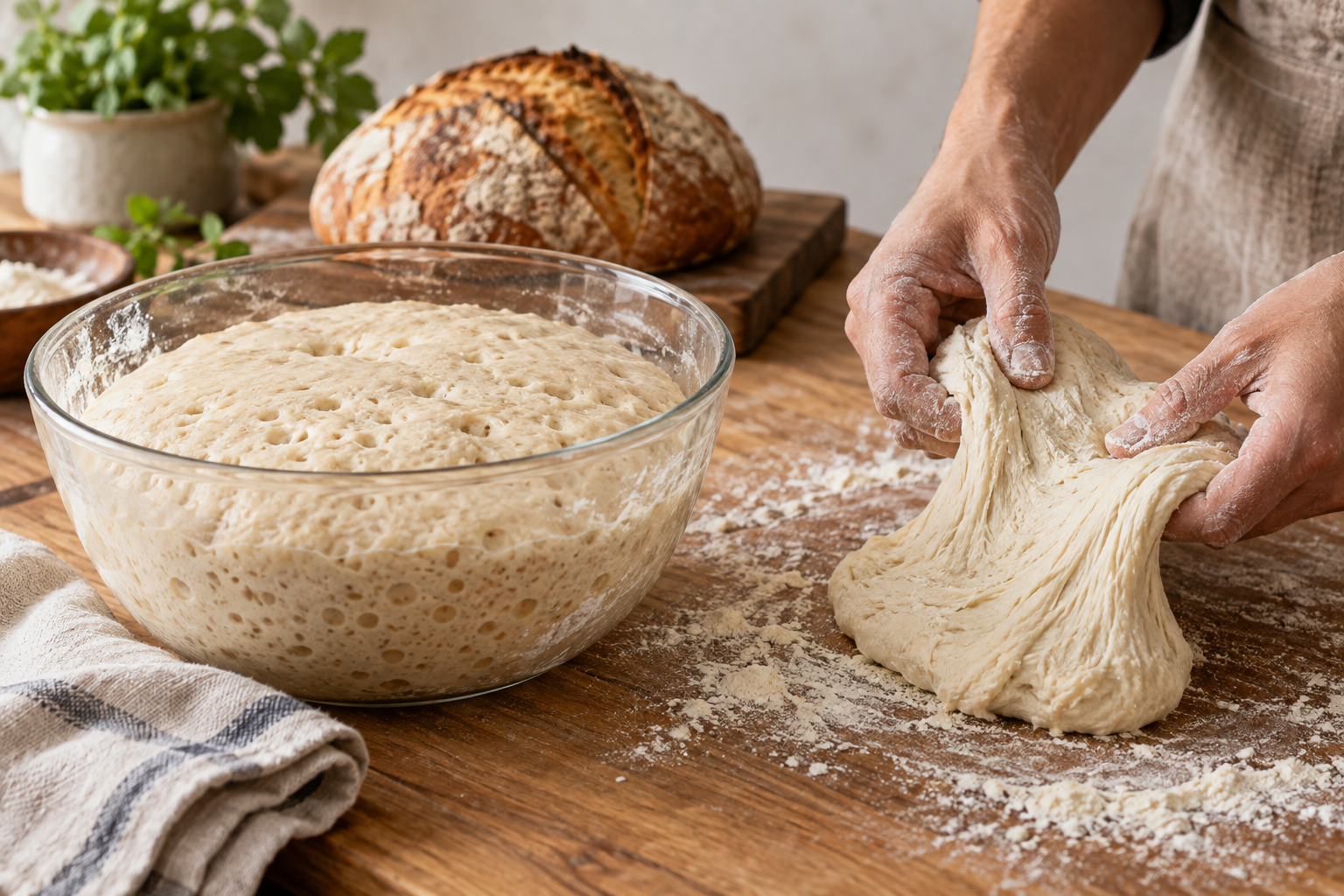 An illustrative bread-making workbench with dough, a baker’s hands, and a finished loaf